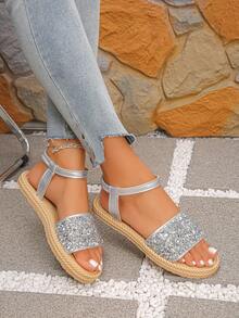 Plus Size Women Summer New Fashion Silver Bling Rhinestone Slip-On Elastic Band Flat Sandals, Comfortable Slip-On Beach Vacation Sandals - Silver - View 3