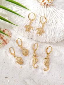 6pcs/Set Ocean Theme Earrings Set Featuring Turtle, Shell, Seahorse, Starfish, Beach & Seashell Charm Designs, Suitable For Summer