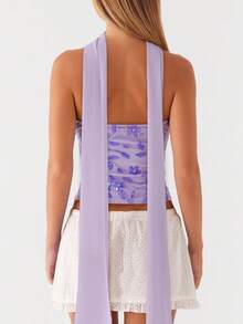 Women's Sequin Crop Tube Top  Rhinestone Floral Embroidery Sleeveless Slim Fit Strapless Tops  Y2K Bandeau With Scarf - 紫色 - 查看 2