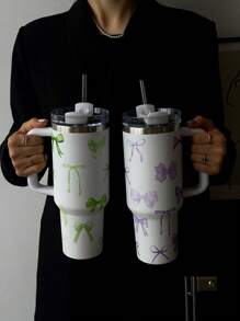 1pc Romantic Bow Decor 40oz/14oz Large Capacity Handled Tumbler, Insulated Stainless Steel Vacuum Cup, Suitable For Travel, School, Office, Outdoor, Gym, Home And More, Gift For Women & Teens, Holiday & Birthday Gift (With Straw)