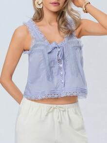 Women Lace Trim Vest Tank Tops Y2K Fairy Sleeveless Tie Button Front Sheer Mesh Crop Tops Summer Going Out Tops Cute Loose Fit Cami Shirt  Aesthetic Clothes - 藍色 - 查看 5