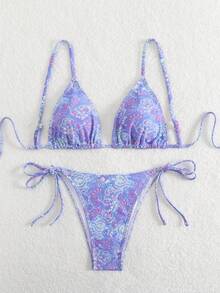 女士花卉印花性感系带比基尼套装，夏日海滩