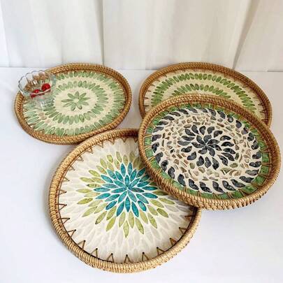 1 件手工复古风格藤条和贝壳装饰艺术储物托盘，家居装饰小吃餐盘