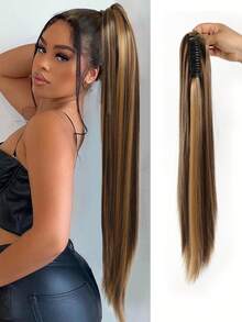 24 Inch Long Straight Ponytail Hair Extensions Synthetic Fake Pony Tails Hairpieces Clip In Ponytail Extension For Women Girls Daily - Multicolor - View 24