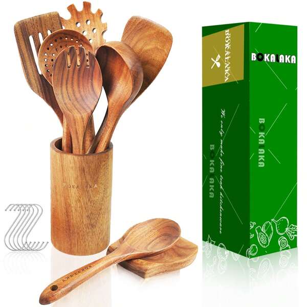 Wooden Spoons for Cooking, Wooden Cooking Utensils, 9 Pieces Kitchen Utensils Set, Wooden Utensils for Cooking, 100% Natural Teak Wood, Wooden Spatula for Cooking