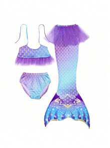 3 Pcs Mermaid Costume,Mermaid Tail For Girls Role-Play,Children Beach/ Pool Swimsuit , Princess Dress Bikini Bathing Costume,No Flippers