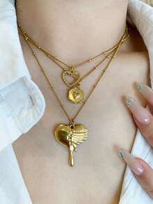 1 件装不锈钢金色串珠细链心形吊坠项链女士 - 金黃色 - 查看 9