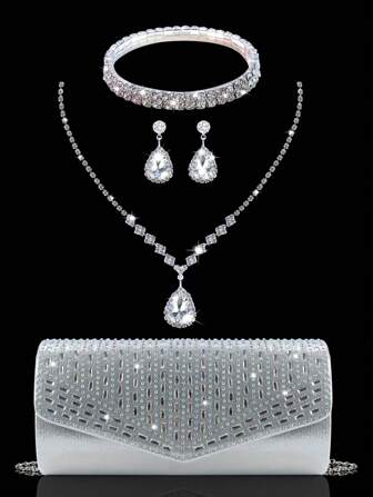 闪耀奢华水钻点缀女士晚宴手拿包，搭配钻石手链、项链和耳环套装，时尚优雅的单肩包和链条斜挎包，适合派对女郎、淑女和新娘，是派对、婚礼、舞会、晚宴/宴会的完美迷人晚礼服包。最佳新年和情人节礼品套装。