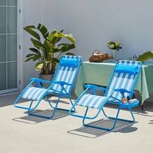 Par de 2 sillas reclinables plegables ajustables de gravedad cero con almohadas, portavasos y correa de transporte para patio, jardín y playa en color beige - Azul/blanco - Ver 3