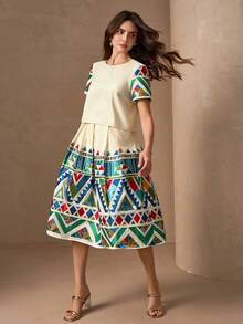 Elegant Charming Cute Jacquard Fabric Two Pieces Set, Ethnical Style Lightweight Luxury Sleeveless Top And Pleated Skirt - Multicolor - View 5