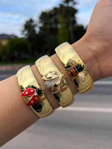 1pc Retro Bee Insect Zirconia Crystal Embellished Bronze Plated Gold Open Cuff Bracelet, Suitable For Women Daily & Party Wear