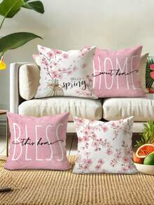 4pcs Contemporary Floral Velvet Throw Pillow Covers, Soft Cosy, One Sided Printing, Pink White, Polyester 100%, Machine Washable, Zipper Closure, For Summer Living Room, Bedroom, Sofa, Bed Decor - Pink - View 3
