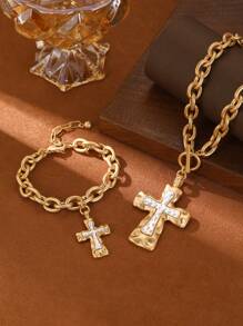 1 Piece Chunky Chain Cross Necklace For Women,Fashion Chunky Bracelet,Copper Alloy Electroplating 14K Gold,Gift For Summer Vacation,Hip Hop Party,Festival