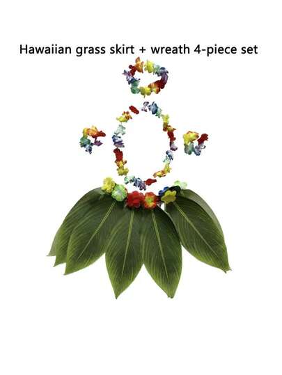 5pcs/Green Grass Skirt - Girl's Tropical Leaf Costume, Beach Party Set, Summer Dance Hall Hula Skirt, Festival Flower Wreath Accessory, Fun Photo Prop, Halloween