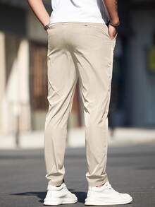 Men's Solid Color Pockets Casual Slim Fit Tapered Pants, Commuting & Leisure Wear - Apricot - View 3