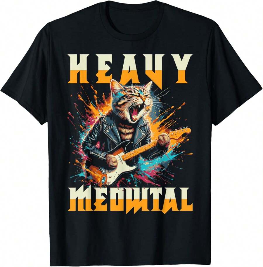 1 Pack Men's T-Shirt Heavy Meowtal - Gato divertido y heavy metal premium Camiseta de hombre - Negro - Ver 1