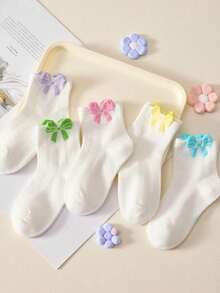 3 pares de calcetines de niña de media caña con diseño de lazo 3D en colores aleatorios y variados, adecuados para uso diario en todas las estaciones - Multicolor - Ver 6