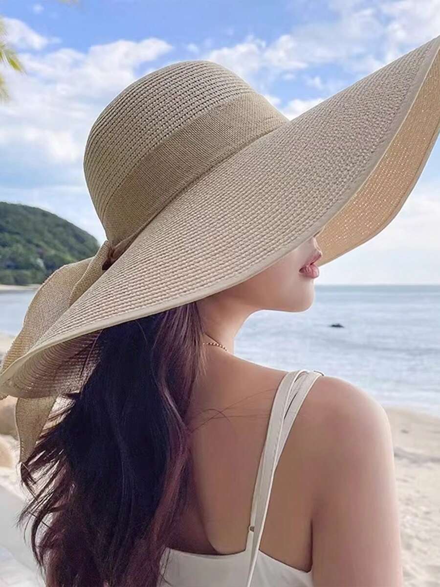 女士可折叠宽边帽，夏季防晒沙滩旅行草帽 - 米色 - 查看 1