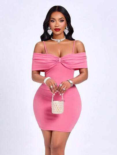 Vestido mini ajustado con lazo de un hombro en color rosa lindo, adecuado para fiesta, fiesta de cumpleaños