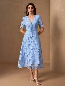 Elegant V-Neck High-End Embroidered Fabric A-Line Luxury Fashion Dress For Women - Blue - View 4