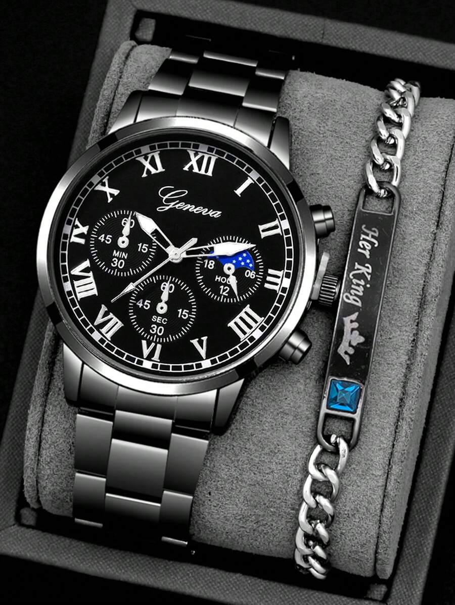 2 件时尚商务绅士圆形男士黑色钢表带石英手表，搭配链条锆石钻石手链组合套装，精美礼品套装，适合节日、派对、商务和日常佩戴