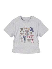 Butterfly Print Crew Neck Cinched Waist Short Cropped T-Shirt