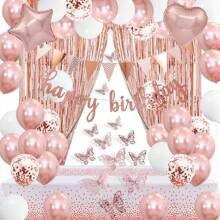 14-Piece Rose Gold Birthday Decor Kit: Includes "Happy Birthday" Banner, Tinsel Curtain Backdrop, 3D Butterflies, Rose Gold Heart Foil Balloons, Star Foil Balloons – Perfect For Women's Birthday Parties, Bridal Showers & Bachelorette Decorations