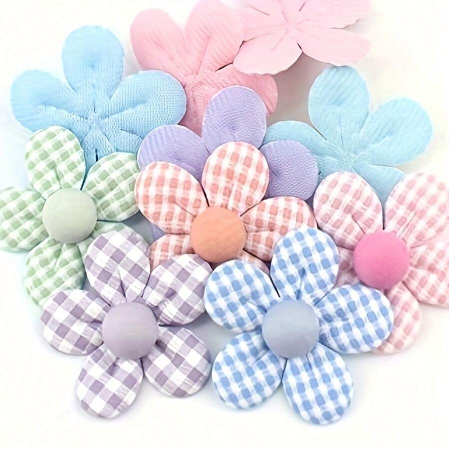20pcs Handmade Fabric Flower Appliqués (Random Color)For DIY Crafts – 1.97inch Gingham Checkered & Solid Color Hair Clips, Patches For Clothing, Shoes, Hats & Accessories