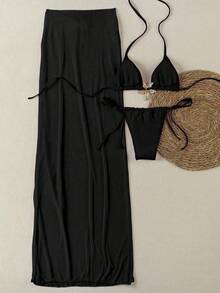 Conjunto de bikini de 3 piezas elegante y sexy de color negro sólido con estrella de mar, nuevo lanzamiento primavera/verano de Polovedo para playa, fiesta y citas - Negro - Ver 3