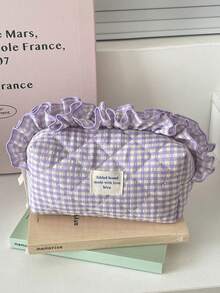 Nécessaire grande acolchoada xadrez roxa (1 unidade), bolsa de maquiagem portátil e moderna, nécessaire de viagem feminina, bolsa multifuncional para guardar batom, absorvente higiênico, moedas, chaves, presilhas de cabelo, elásticos de cabelo, nécessaire charmosa, organizador de viagem para maquiagem, presente para o Dia das Mães, presente de volta às aulas, presente de Ano Novo - Roxa - Ver 8