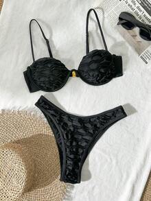 Bikinx Summer Beach Mesh Sexy Underwire Bikini Set, Contrast Color Swimsuit - Black - View 1