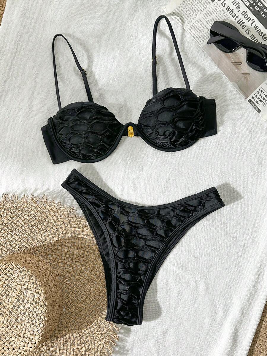 Bikinx Summer Beach Mesh Sexy Underwire Bikini Set, Contrast Color Swimsuit - Black - View 1