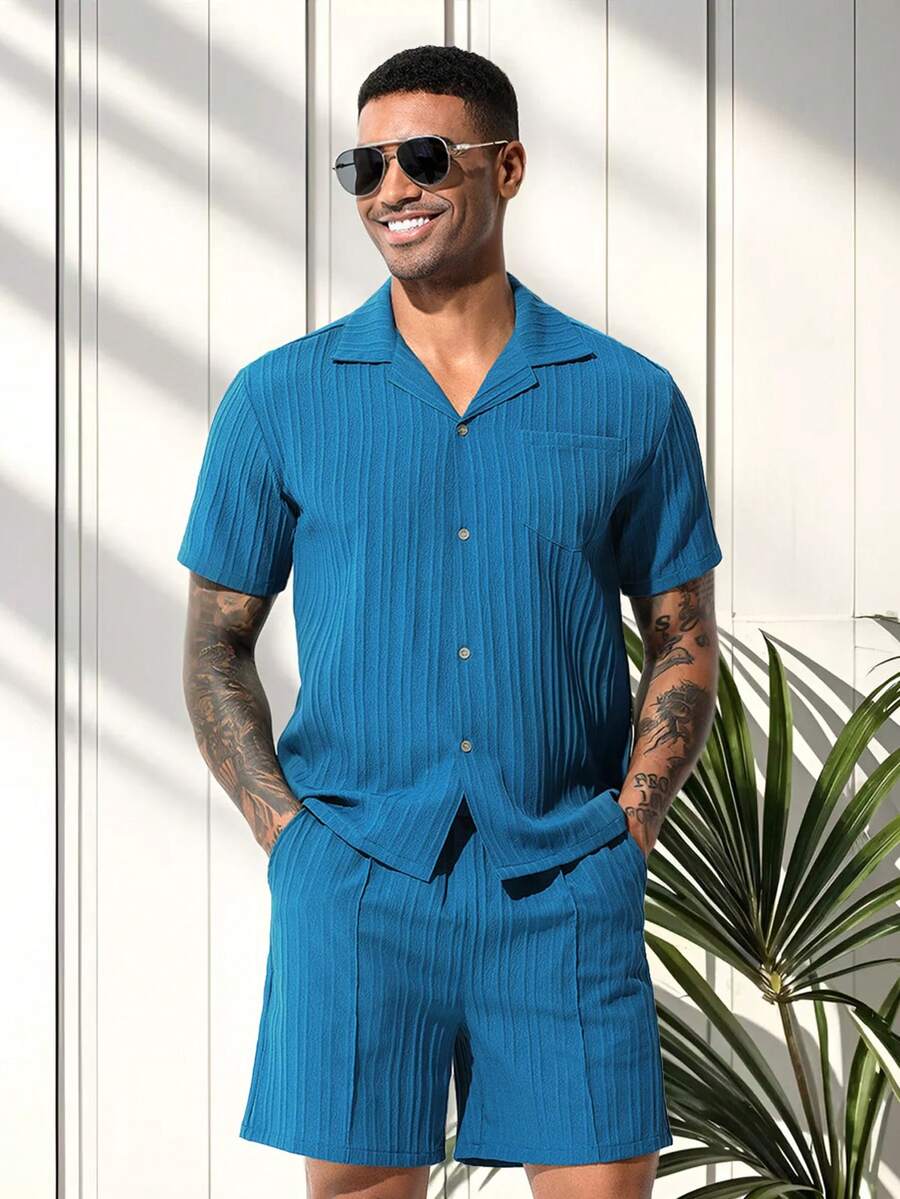 2 piezas Conjunto de camisa de Verano para hombre,  Estilo caballero vintage casual,  cómodo y versátil