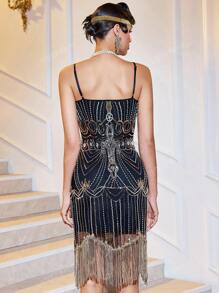 LNVES 1920s Vintage Gatsby Ball Dress, koralikowa sukienka z cekinami i frędzlami na dole dla kobiet na bal powitalny