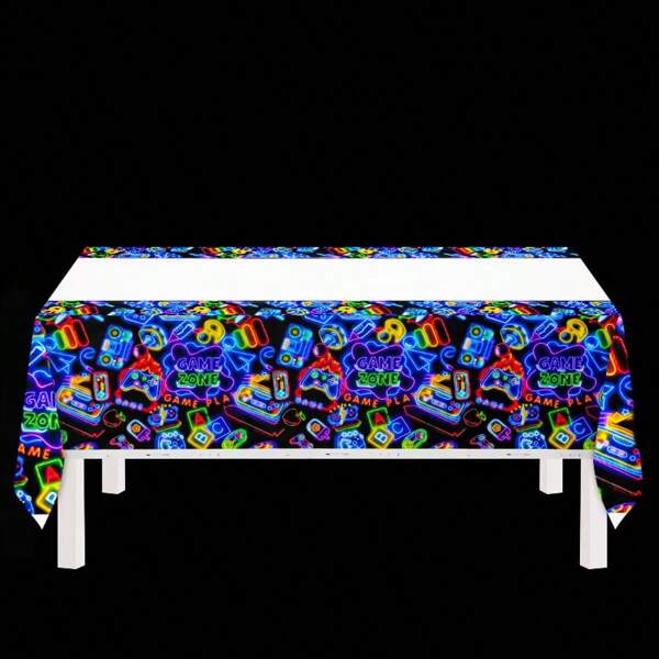 1pc Colorful Video Game Neon Light Theme Party Table Cloth, Suitable For Celebration Event And Restaurant Decor, Easy To Clean And Festive Decoration