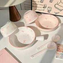 6 件套可爱蝴蝶结陶瓷餐具套装（2 个碗、2 个盘子、2 个勺子）、麦片/燕麦片碗、早餐盘，适合返校、节日礼物、居家/餐厅/派对使用，可微波炉加热