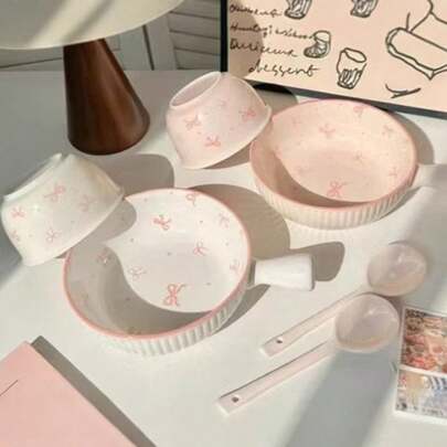 6pcs Cute Bow Ceramic Tableware Set (2 Bowls, 2 Plates, 2 Spoons), Cereal/Oatmeal Bowls, Breakfast Plates, Suitable For Back To School, Holidays Gift, Home/Restaurant/Party Use, Microwave Friendly