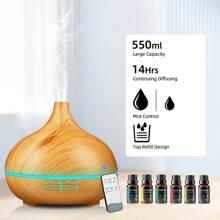 550ml Essential Oil Diffuser With Remote Control, Ultrasonic Humidifier, 7 Color LED Light & 6 Oils