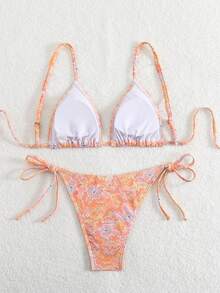 2pcs Pink Floral Printed Bikini Set - Orange - View 2