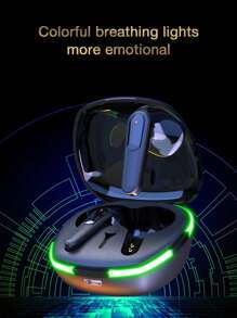 GENAI Auriculares de juego GENAI Esports con Bluetooth, estuche de carga con tira de luz LED colorida, decodificación de audio AAC avanzada, micrófono incorporado, cancelación de ruido inteligente, diseño ergonómico cómodo, sincronización audiovisual de baja latencia y resistencia al agua a nivel de vida cotidiana para dos anfitriones.