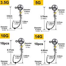 10 件/盒 3.5 克/5 克/7 克/10 克/14 克扁平钩杆，增加强度，螺纹钓鱼夹具头钩用于软饵诱饵蠕虫钩，钩尖类似于鹰嘴形状，因此捕获的鱼不易脱钩