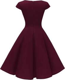 Women's Cap Sleeve 1950s Retro Vintage Cocktail Swing Dresses With Pocket - Burgundy - View 2