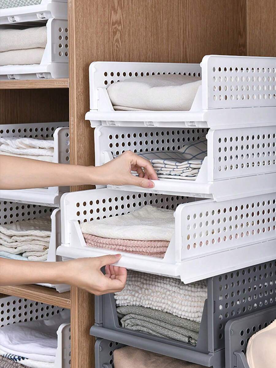 1pc Stackable Plastic Storage Basket Rack Organizer, Foldable Closet Cabinet Drawer Storage Box For Wardrobe, Kitchen, Bathroom, Bedroom, Office,Bedroom Room Decor,Back To School - Grey - View 1