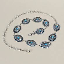 زنجيل خصر معدني منحوت على الطراز الشرقي القديم قطعة واحدة، حزام خصر من المعدن بأسلوب بوهيمي، لون فضي كلاسيكي، عدة ثقوب للتعديل، إكسسوارات جسمية مناسبة للاستخدام اليومي والرحلات والأعياد والهالوين