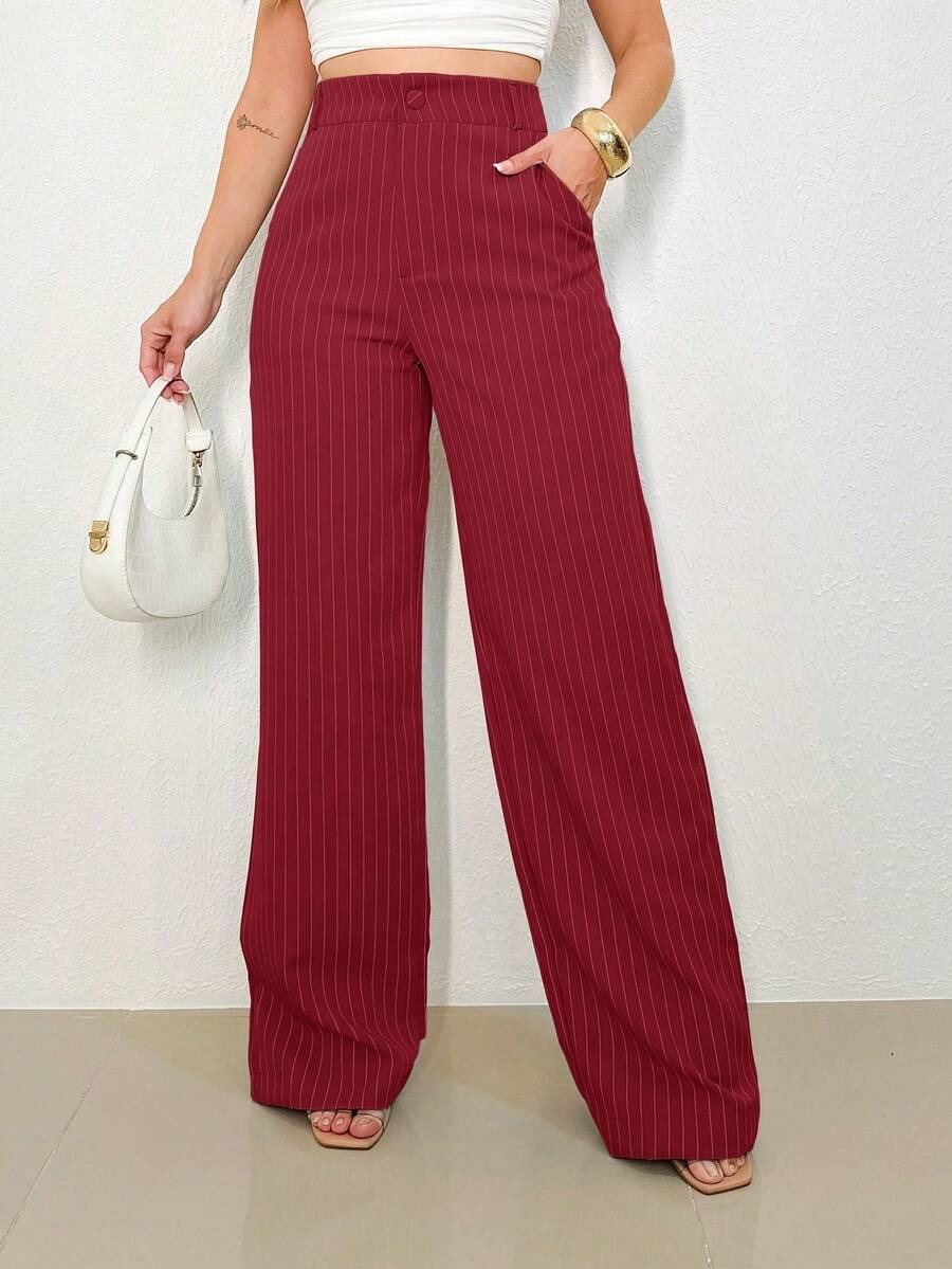 Women's Striped High Waist Wide Leg Trousers, Lightweight, Casual, Formal, Stylish And Elegant - 酒紅色 - 查看 1