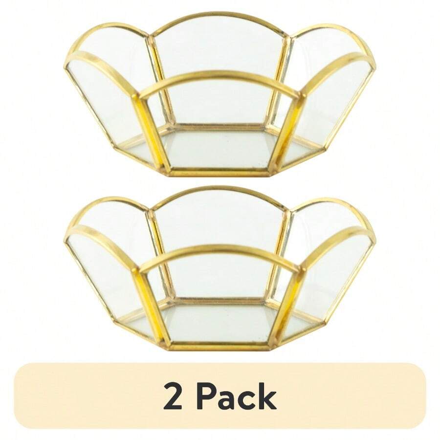 2 Pack Brass And Glass Gold 4.4 Tabletop Trinket Tray With Drative Petals