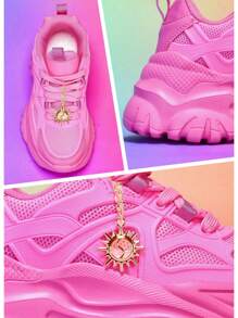 Women's 7cm Thick Sole Casual Sports Shoes With Sunflower Metal Decoration, Outdoor High Heel Platform Sneakers, Lightweight Shock-Absorbing Breathable Mesh Summer Sandals, Pink Round Toe Lace-Up For Daily, Workout, Office