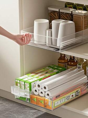 1pc Versatile Pull-Out Shelf Drawer Organizer, Innovative Slide-Out Drawer-Style Storage Rack Perfect For Cabinets, Vanity, And Pantry, Ideal For Wardrobe And Kitchen Use, Features Adhesive Stretchy Design For Effortless Drawer Storage Solutions, Maximize Space And Enhance Organization Effortlessly, Perfect For Holiday Preparation And Everyday Convenience