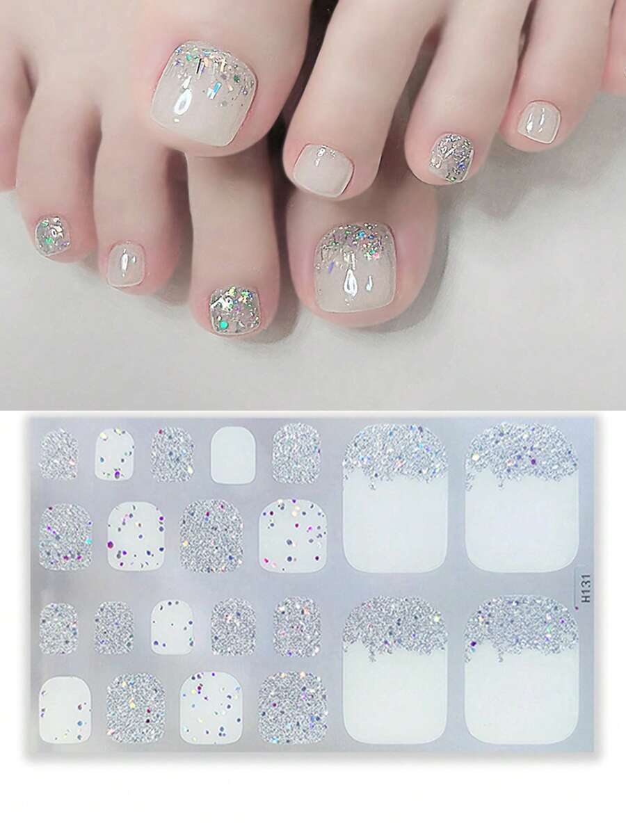 1 Foglio di 22 adesivi per unghie dei piedi in gel senza cottura, decorazioni adesive per unghie, stickers per unghie e decalcomanie per piedi, strisce di smalto fai-da-te, glitter beige, pendenza a raggiera, autoadesive, impermeabili e di lunga durata, decorazioni 3D per unghie, multifunzionali, adatte per donne e ragazze, facili da usare per appuntamenti, feste ed eventi