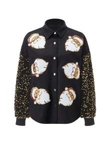 Women's Button Down Knit Cardigan Sequin Long Sleeve Santa Claus Pattern Sweater For Spring, Fall - Black - View 1